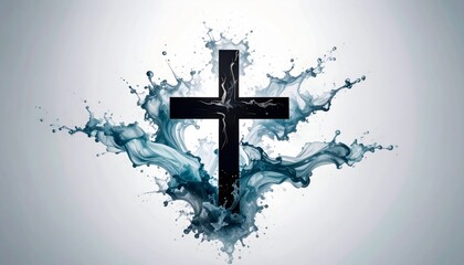 Aufkleber - Abstract Symbolism, Cross Silhouette Emerging from Flowing Ink in Water