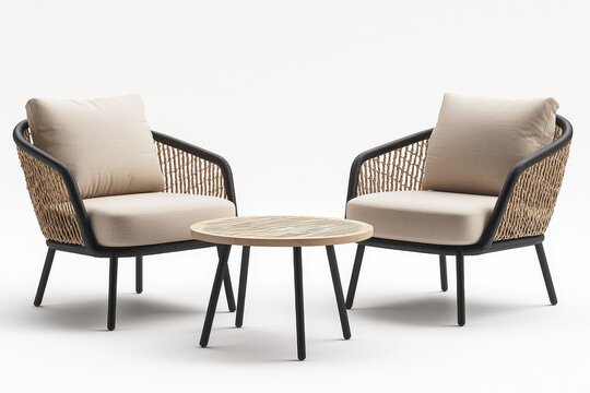 Modern outdoor rattan furniture set with two single chairs featuring black legs and beige cushions, and one round table, front view with natural light and warm tones, detailed product rendering