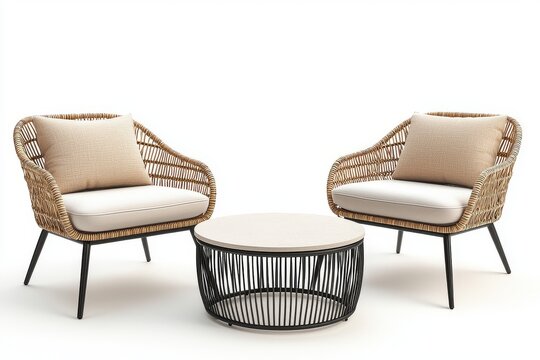 Modern outdoor rattan furniture set with two single chairs featuring black legs and beige cushions, and one round table, front view with natural light and warm tones, detailed product rendering