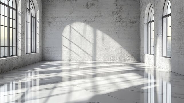 Minimalist interior studio with reflective flooring and shadow play from large windows