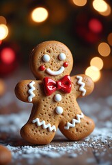 Aufkleber - Festive gingerbread man cookie with red bow tie on a light background ready for Christmas