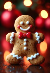 Aufkleber - Festive gingerbread man cookie with red bow tie on a light background ready for Christmas