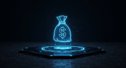 Poster - A glowing, digital money bag with a dollar sign hovers above a futuristic platform in a dark environment.