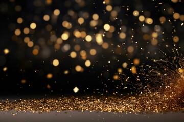 Poster - Golden confetti falling onto a glittering surface against a backdrop of bokeh lights, creating a festive and celebratory atmosphere