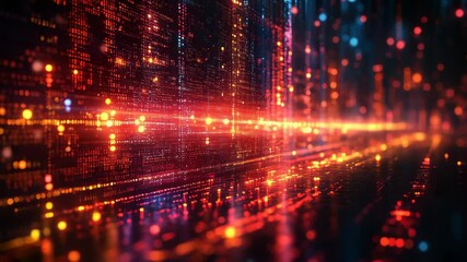 Poster - Experience the mesmerizing interplay of colors and textures as bright lights weave through an abstract landscape, transforming data into an enchanting display of movement and energy.