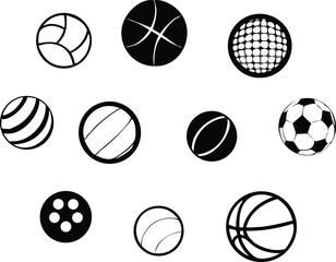 Aufkleber - Collection of black and white sport ball icons representing different athletic games