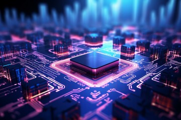 Poster - Modern cpu processing data on a motherboard, with a futuristic city skyline glowing in the background, symbolizing technological advancement