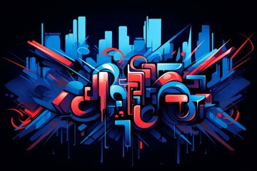 Poster - Vibrant abstract graffiti art with bold blue and red geometric shapes