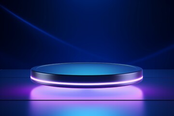 Poster - Round podium illuminated with neon light, creating a futuristic and minimalist showcase on a blue background
