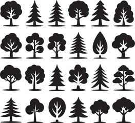 Fototapete - Diverse Collection of Tree Silhouettes A Forest of Varied Shapes and Styles Represented in Black and White Vector Graphics