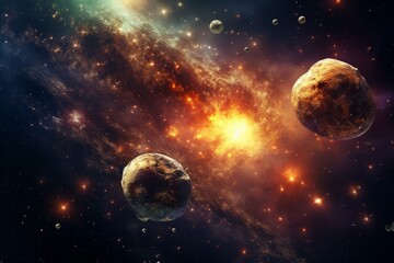 Poster - Planets and asteroids are orbiting a spiral galaxy with a bright orange core emitting intense light