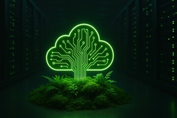 Poster - Digital Eden: A symbolic fusion of nature and technology, an illuminated circuit board shaped like a tree flourishes atop a bed of moss, signifying sustainable digital growth.