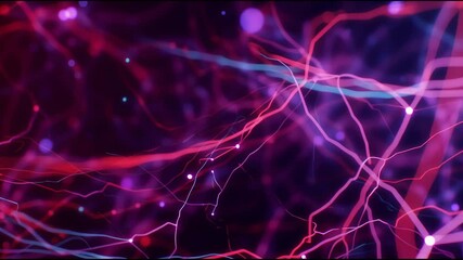 Poster - Abstract Sci-fi Neon Glow: Delicate Pink and Purple Lines Connect in a Deep Blue Background. Data Stream, Network Communication Concept.