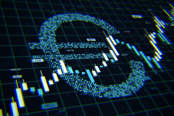Aufkleber - Euro symbol formed from digital dots with candlestick chart overlay on futuristic grid screen representing currency exchange and financial market data. 3D Rendering