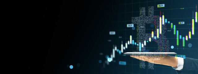 Aufkleber - Businessman hand holding tablet with bitcoin symbol and financial candlestick chart on dark background representing digital crypto market growth.