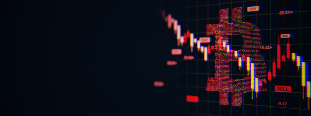 Aufkleber - Bitcoin crash concept with red candlestick chart and digital BTC icon on dark grid background showing financial crisis and market downturn symbolically. 3D Rendering