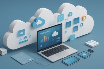 Fototapete - Cloud Computing: A modern 3D illustration showcasing cloud computing technology, featuring a laptop, tablets, and associated icons against a serene blue backdrop.