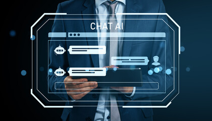 Poster - Businessman using tablet with futuristic CHAT AI interface and chatbot icons on digital screen representing online communication and virtual support.