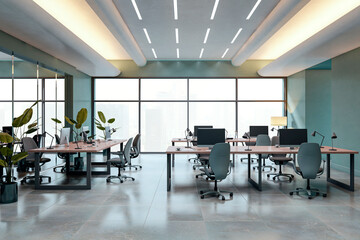Aufkleber - Modern empty coworking office interior with minimalist desk setup, ceiling lights, and city view through large backlit windows. 3D Rendering. 3D Rendering