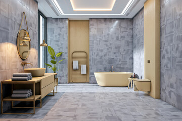 Poster - Modern luxury bathroom interior with freestanding bathtub, stylish sink, and ambient ceiling lighting in a spacious renovated home setting. 3D Rendering