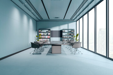 Aufkleber - Modern corporate boardroom interior with large glass windows, bookshelves, and office chairs around a central table in a bright cityscape view. 3D Rendering