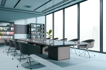 Aufkleber - Modern corporate boardroom interior with large windows, sleek furniture, and bookshelves in a high-rise office setting. 3D Rendering