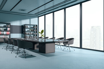 Aufkleber - Modern corporate boardroom with large glass windows, city view, sleek desk, and executive chairs in a high-rise office building interior. 3D Rendering