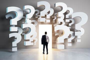 Poster - Businessman standing at a bright doorway surrounded by floating question marks, symbolizing decision making and future opportunity in business.