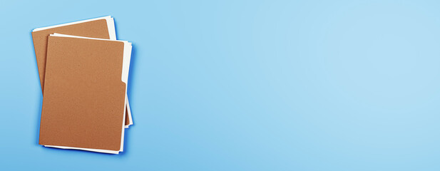 Poster - Brown document folders stacked on top of each other with white papers inside, placed on a clean blue background with copy space on the right side. 3D Rendering