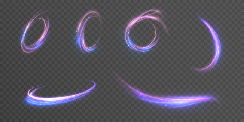 Aufkleber - Bright sparkling light swirls with shining trails on a transparent background. Dynamic pink-violet and blue light rings and lines with glitter particles.