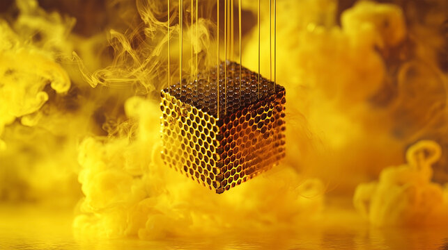 A cube made of small pieces of gold is suspended in the air