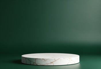 Poster - A round, white marble stone podium on a dark green background for a natural and earthy product display