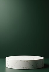 Poster - A round, white marble stone podium on a dark green background for a natural and earthy product display