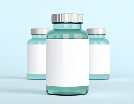 Three translucent teal glass bottles with blank white labels, set against a light blue background.