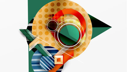 Poster - Abstract geometric composition. Circles, squares, triangles overlap. Warm, cool colors blend. Modern design elements present.