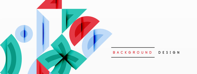 Poster - Abstract geometric shapes overlap, creating dynamic visual composition. Teal, red, blue hues dominate minimalist background design.
