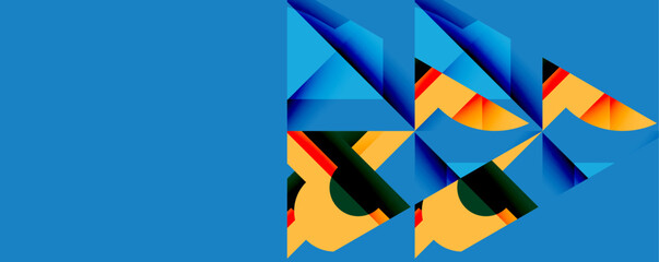 Poster - Abstract geometric shapes dominate image. Blue background contrasts with orange, black, layered triangles. Modern design, vibrant colors present.