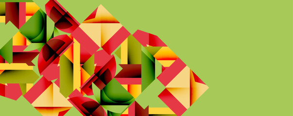Poster - Abstract geometric shapes overlap, creating dynamic composition. Colors include red, green, yellow against pale background.