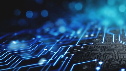 Poster - Futuristic Dark Background with Glowing Blue Lines and White Circuits for Technology and Abstract Themes