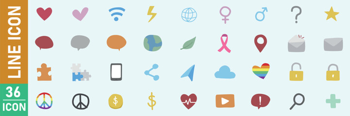 Poster - A diverse collection of medical and social icons, symbols, and web elements, featuring heart and star shapes, illustrate a unified design set for business and internet use