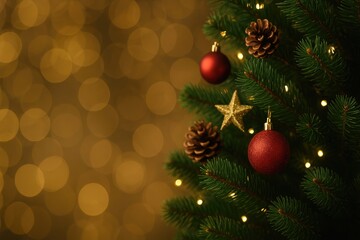 Poster - Festive New Year background featuring a decorated Christmas tree section with glowing bokeh lights