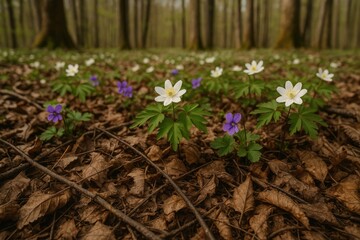 Poster - Perspective from Below of a Woodland Ground with Blossoms and Branches