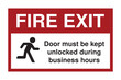 © Media Core Design - Fire Exit Sign with Business Hours Access Notice – Red and White Emergency Egress Symbol – High Quality Vectorial Stock Image