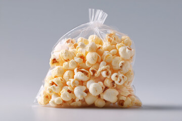 Poster - Popcorn bag: A clear plastic bag filled with a fluffy and buttery snack, perfect for movie nights or casual enjoyment on a plain background.
