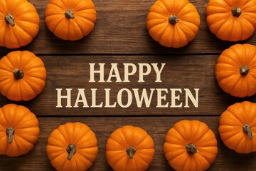 Poster - Festive Halloween celebration with carved pumpkins on rustic wood surface during autumn season