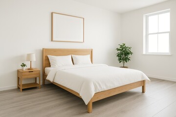 Poster - Newly designed bedroom featuring white walls, grey laminated flooring, and a framed bed