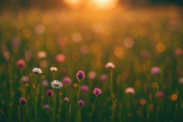 Poster - Dreamy floral scenery with glowing highlights and artistic sunset backdrop