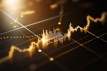 Poster - Golden stock market chart financial graph glowing line data analysis investment business growth futuristic abstract background economic trend digital display