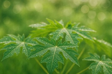 Poster - Close-up shot of rain-soaked papaya leaves with bokeh and noise effect during daylight