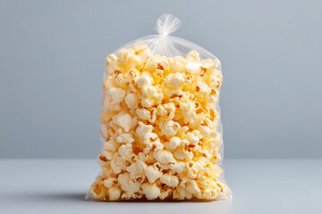 Poster - Freshly popped snack: A clear bag bursting with delicious, fluffy popcorn, ready for movie night or a tasty snack break.